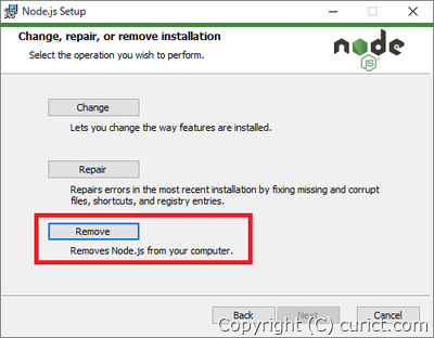 Node.js Setup - Removeボタン