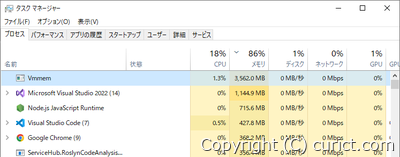 設定前のVmmem メモリー使用量=3.5GB